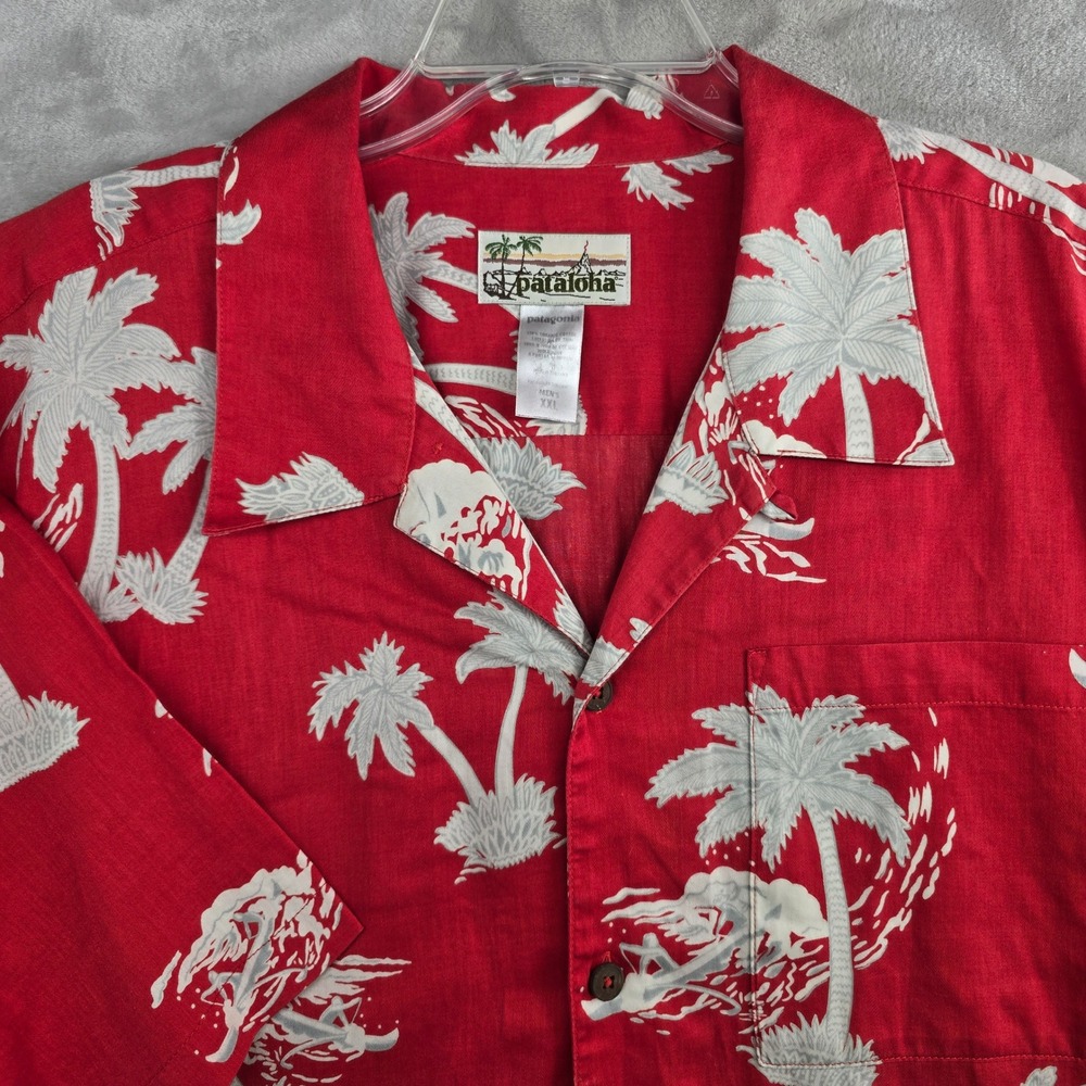 Patagonia Pataloha Mens XXL Red Palm Tree Hawaiian Aloha Camp Shirt